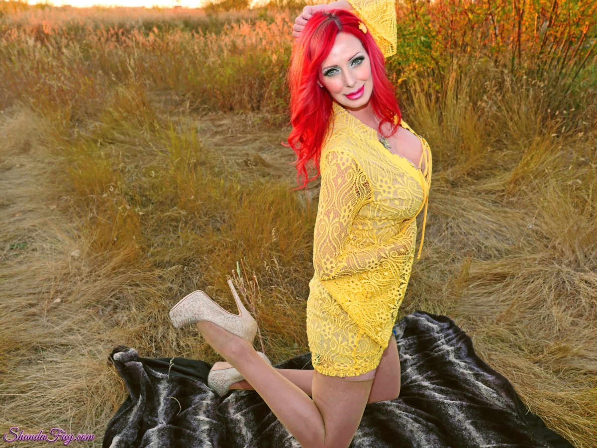 Shanda Fay Wears Sexy Yellow Clothes Outsides